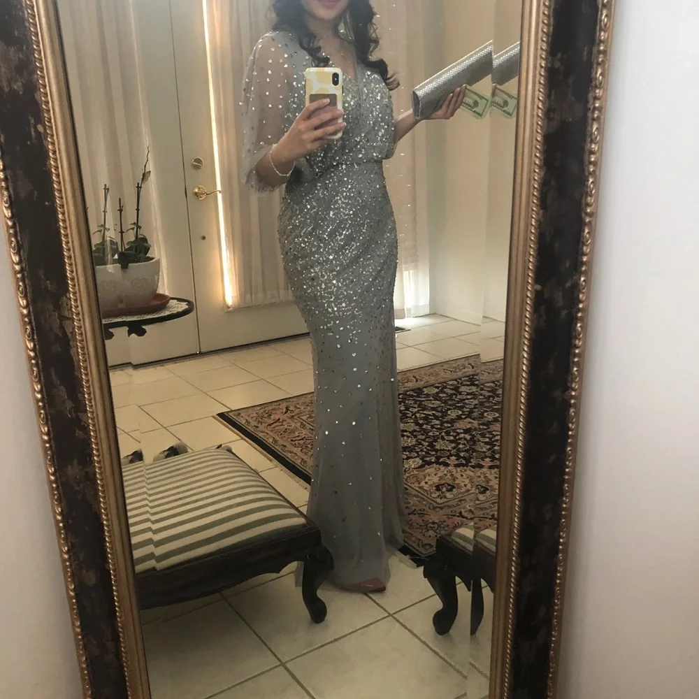 Adrianna Papell beaded flutter sleeve gown in silver mist, only worn once - Picture 3 of 3